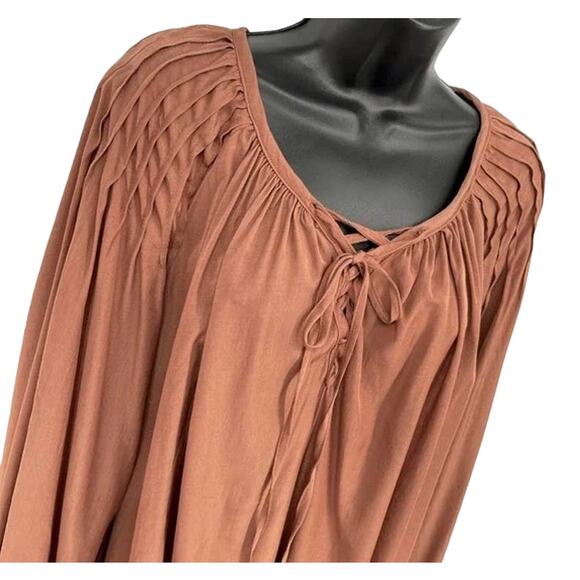 Mustard Seed Peasant Blouse Medium Mocha NEW Lace Up Neckline Pintuck Flowy Boho - Picture 2 of 7